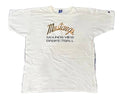 A white vintage short-sleeve t-shirt with 'Mustangs MOUNDS VIEW BASKETBALL' printed on the front, 