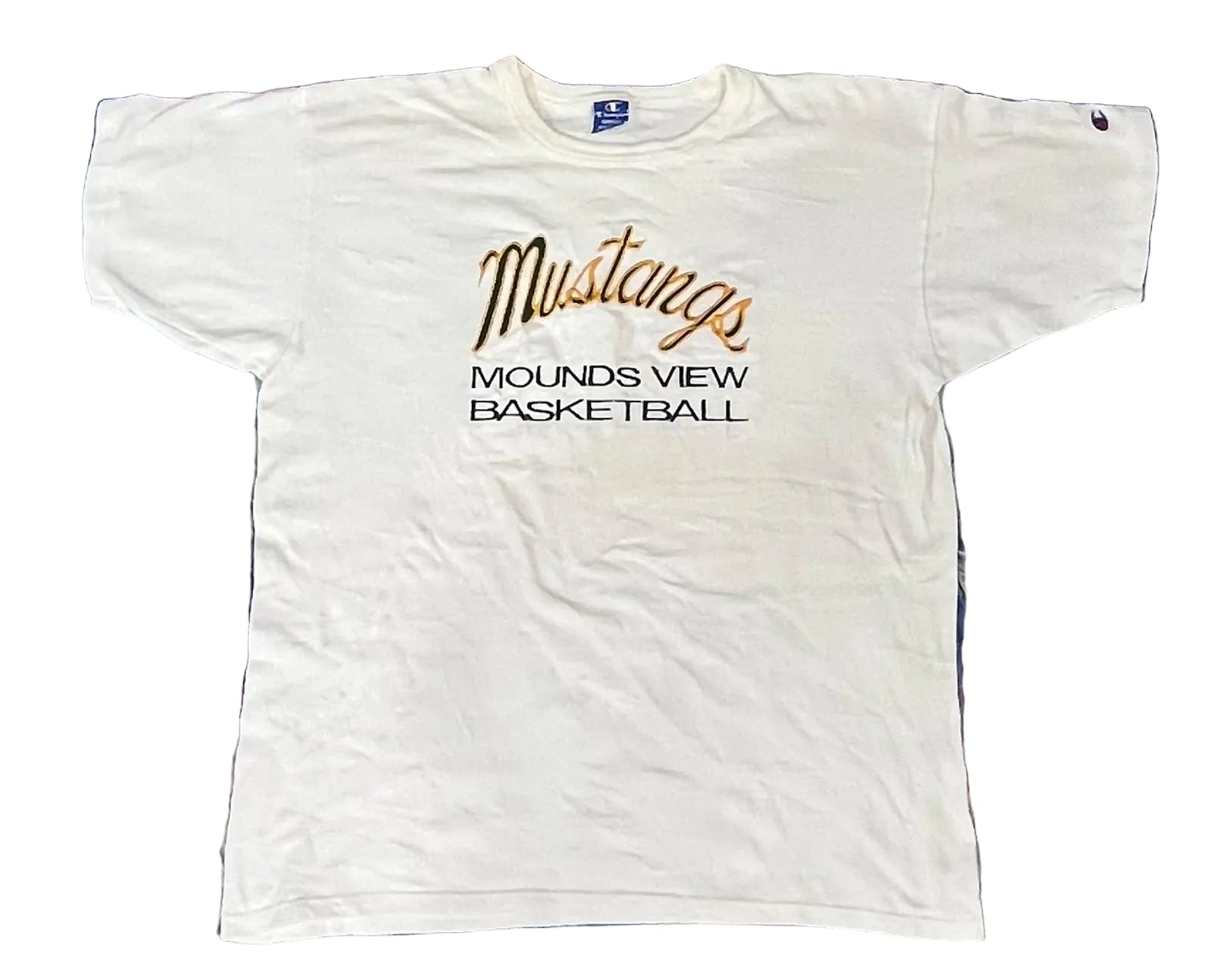 A white vintage short-sleeve t-shirt with 'Mustangs MOUNDS VIEW BASKETBALL' printed on the front, 