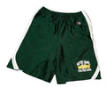 Dark green Champion mesh athletic shorts with white side stripes and a Notre Dame Fighting Irish logo on the left leg