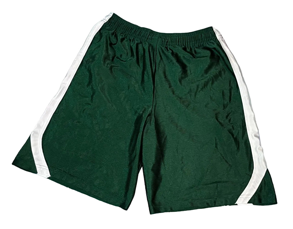 Dark green athletic shorts with white side stripes