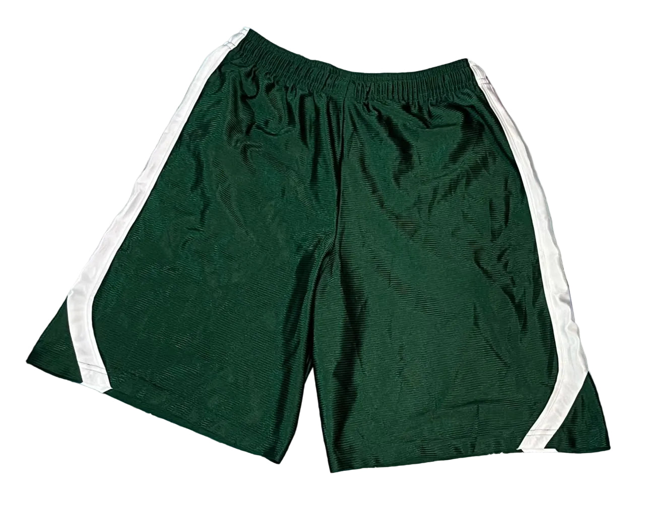 Dark green athletic shorts with white side stripes