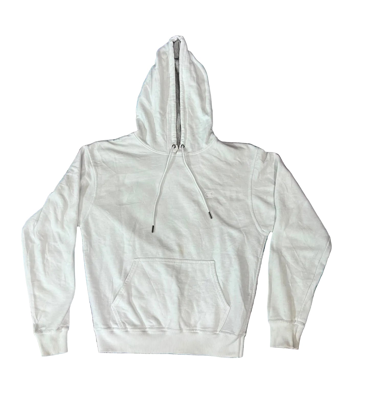 A white pullover hoodie with a front kangaroo pocket and drawstrings,