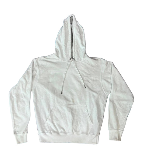 A white pullover hoodie with a front kangaroo pocket and drawstrings,