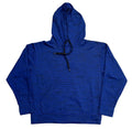 A royal blue hoodie with a subtle black script pattern,