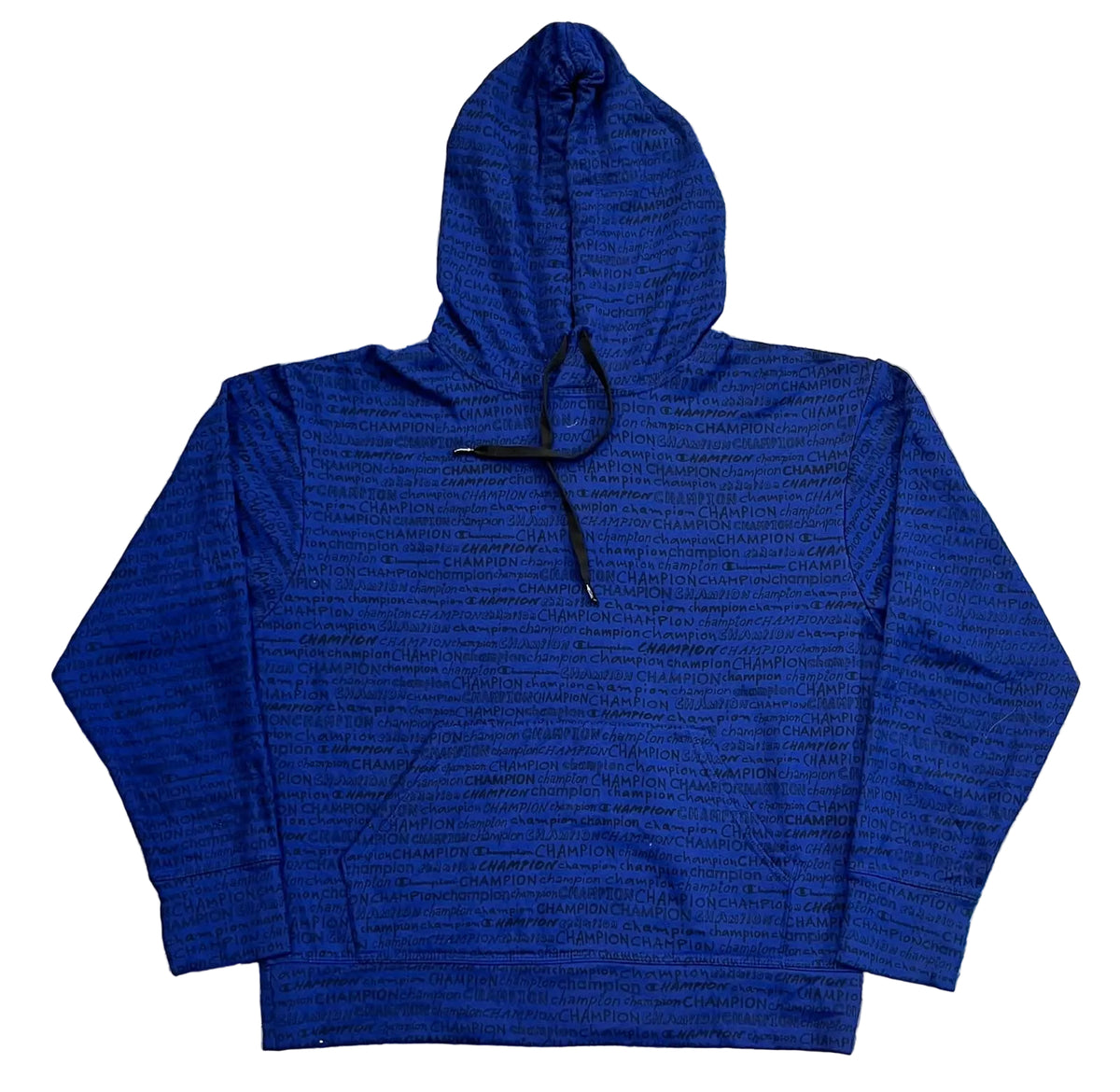 A royal blue hoodie with a subtle black script pattern,