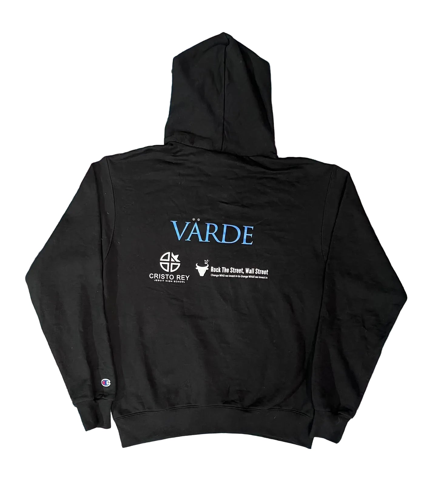 A black zip-up hoodieThe back of the hoodie features the word 'VARDE' in blue, with 'CREDIT TO MAY' and a bull logo in white underneath.