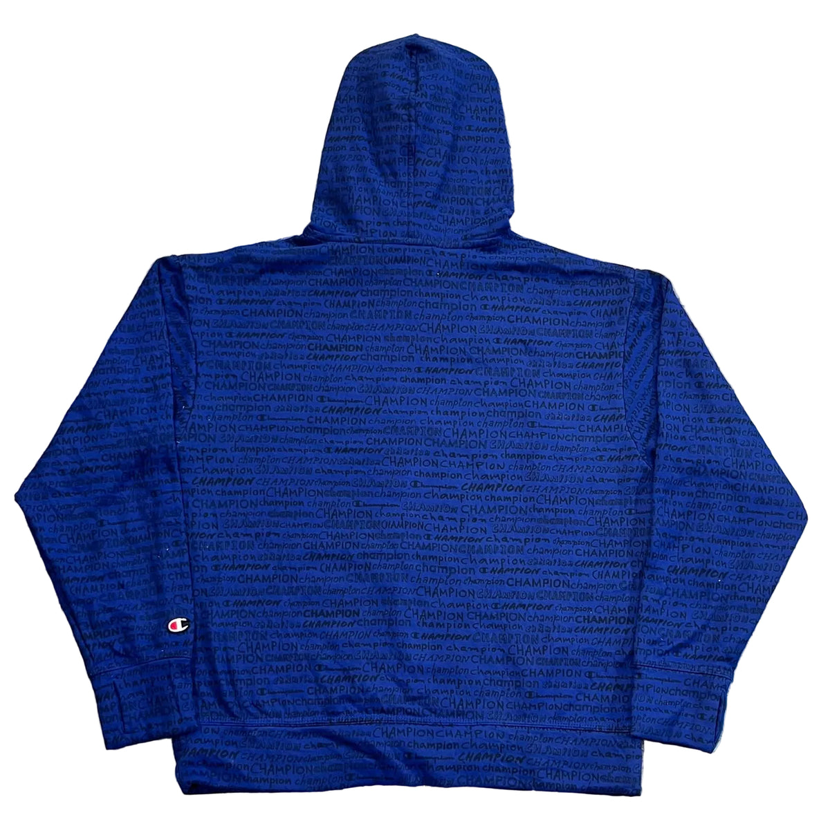 A blue Champion zip-up hoodie with an all-over script logo pattern,. The Champion logo is visible on the left sleeve cuff.