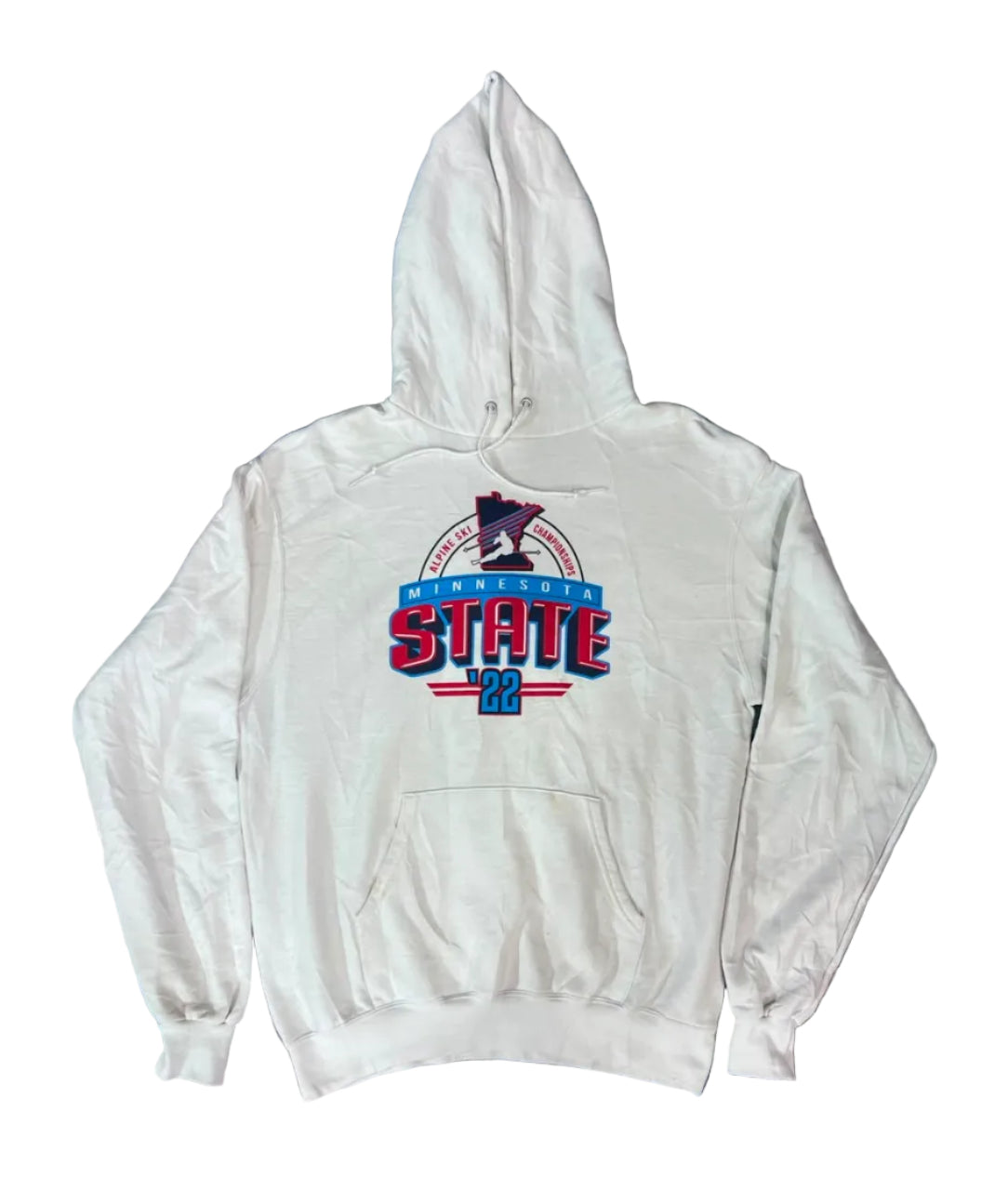 A white pullover hoodie with a 'New York State' graphic printed on the chest, A person's bare foot is visible in the bottom right corner.