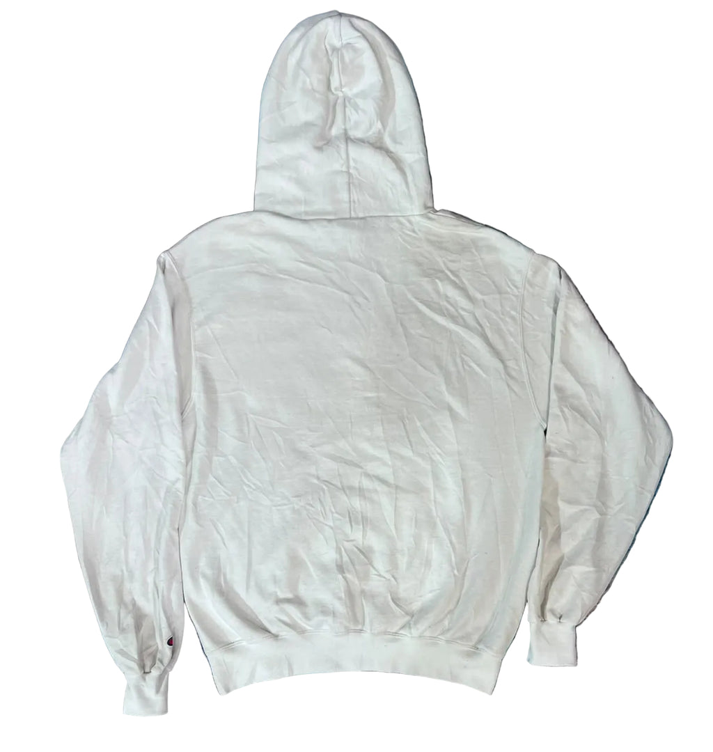 A white pullover hoodie shown from the back, 