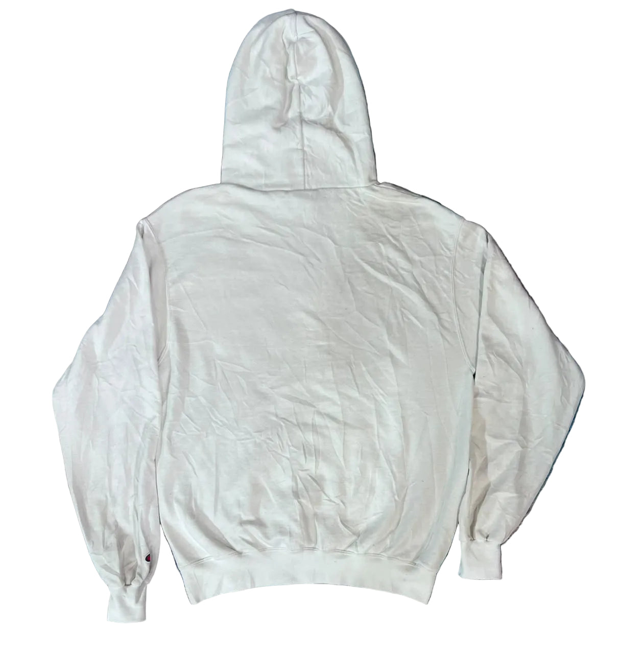 A white pullover hoodie shown from the back, 