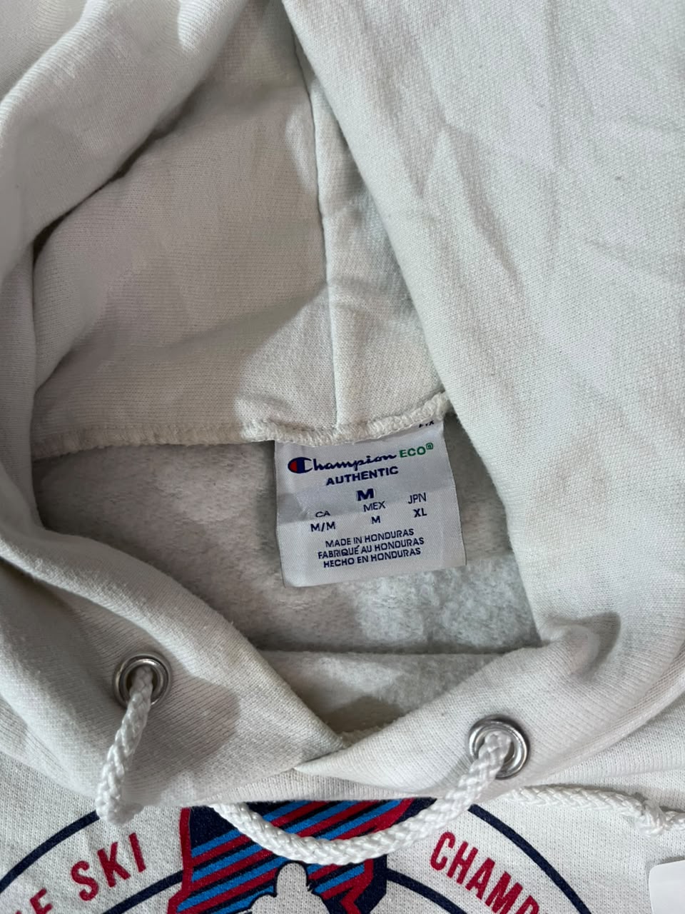 Close-up of a Champion hoodie hood interior showing the brand tag and drawstrings.