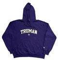 A dark purple Champion hoodie with 'TRUMAN' printed in white varsity letters across the chest, 