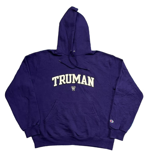 A dark purple Champion hoodie with 'TRUMAN' printed in white varsity letters across the chest, 