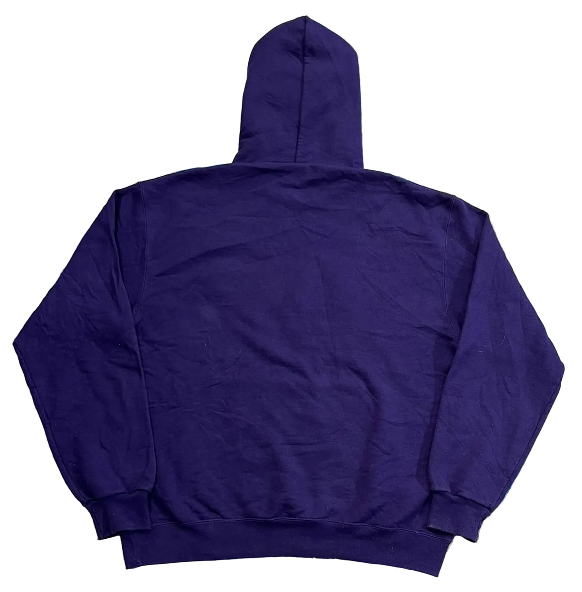 A dark purple hooded sweatshirt shown from the back, 