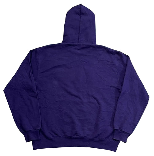 A dark purple hooded sweatshirt shown from the back, 