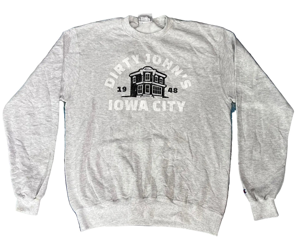 A light heather gray crewneck sweatshirt with a white and black graphic reading 'DIRTY JOHN'S IOWA CITY' and '1948' around a building illustration
