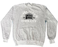 A light heather gray crewneck sweatshirt with a white and black graphic reading 'DIRTY JOHN'S IOWA CITY' and '1948' around a building illustration