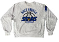 A light heather gray crewneck sweatshirt featuring a 'Holy Angels Stars Basketball' graphic on the front