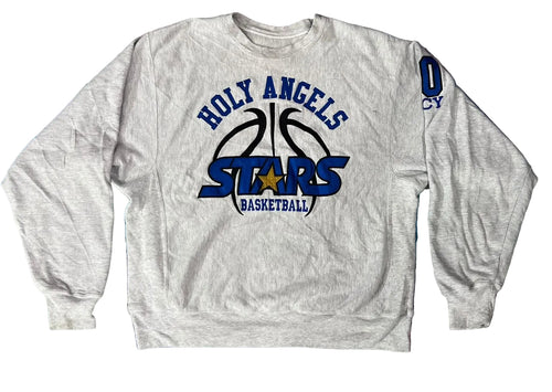 A light heather gray crewneck sweatshirt featuring a 'Holy Angels Stars Basketball' graphic on the front