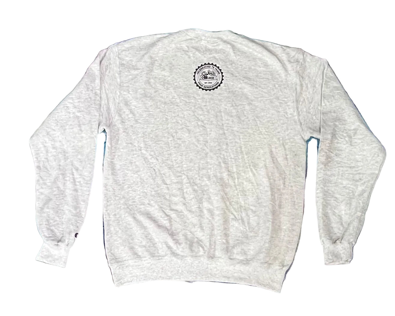 A light heather gray crewneck sweatshirt shown from the back, featuring a circular black and white graphic printed on the upper back