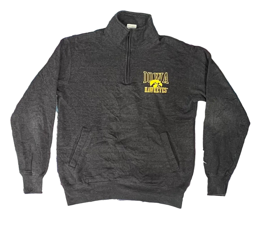 A dark gray heathered quarter-zip sweatshirt with a yellow and black 'IOWA ATHLETICS' graphic on the left chest,