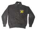 A dark gray heathered quarter-zip sweatshirt with a yellow and black 'IOWA ATHLETICS' graphic on the left chest,