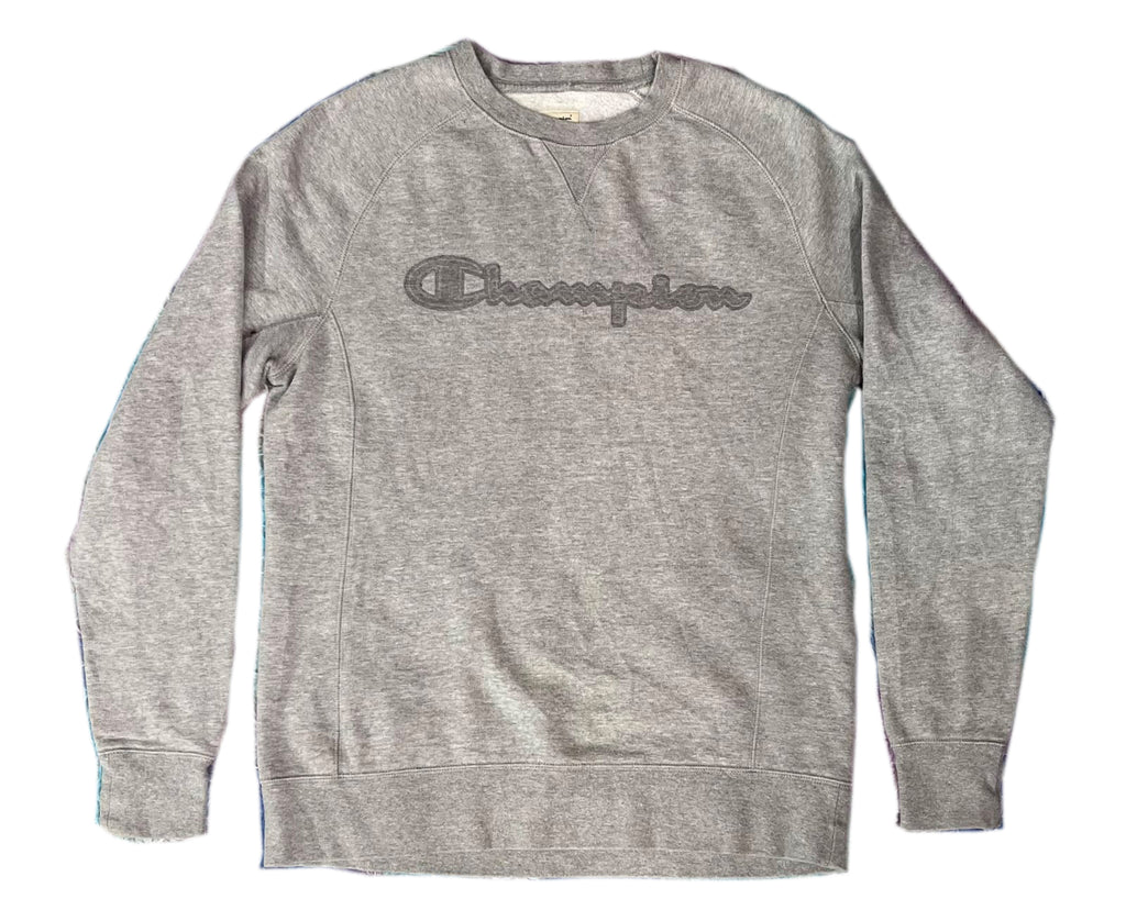 A heather gray crewneck sweatshirt with a dark gray embroidered Champion logo across the chest, displayed flat against a white background.