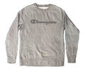 A heather gray crewneck sweatshirt with a dark gray embroidered Champion logo across the chest, displayed flat against a white background.