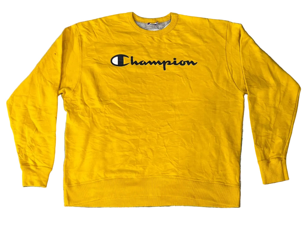 A yellow Champion crewneck sweatshirt with the brand's logo printed across the chest