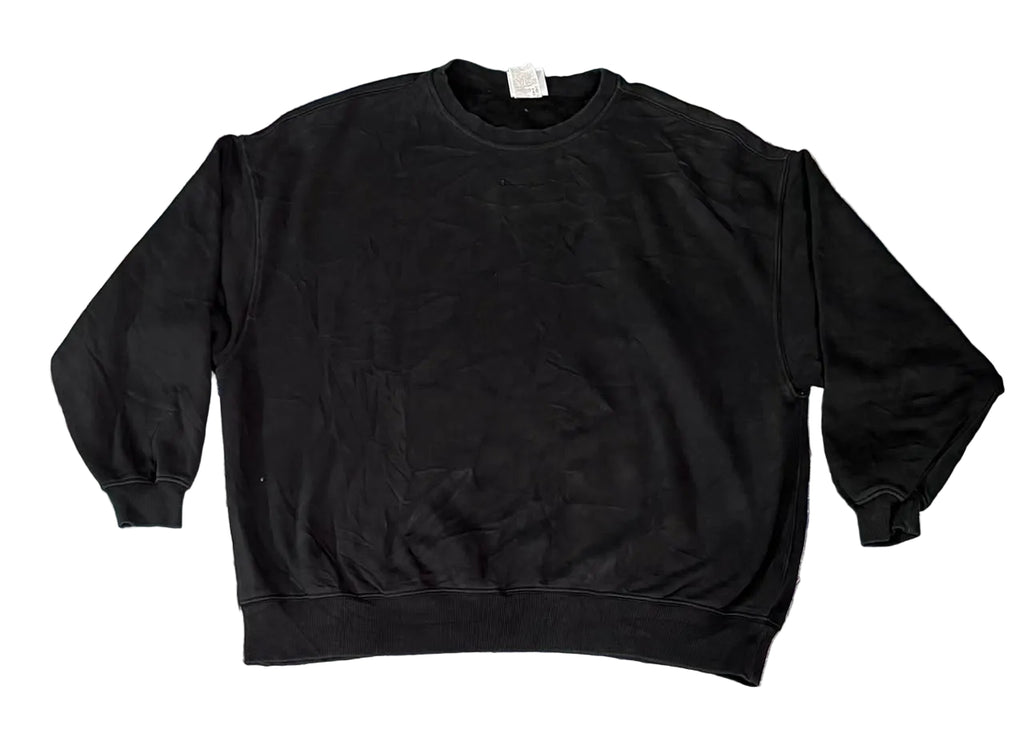 A black crewneck sweatshirt on a white plain background 