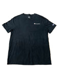 A black Champion short-sleeve t-shirt  featuring the Champion logo on the left chest and a small logo patch on the right sleeve.