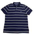 A navy blue short-sleeve polo shirt with thin white horizontal stripes, featuring a three-button placket and a small embroidered crest logo on the left chest,