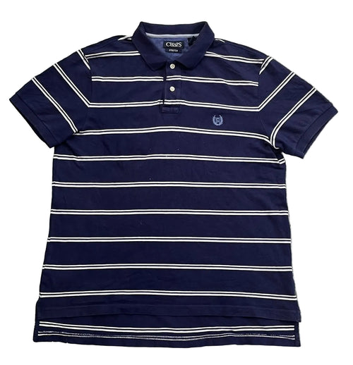 A navy blue short-sleeve polo shirt with thin white horizontal stripes, featuring a three-button placket and a small embroidered crest logo on the left chest,