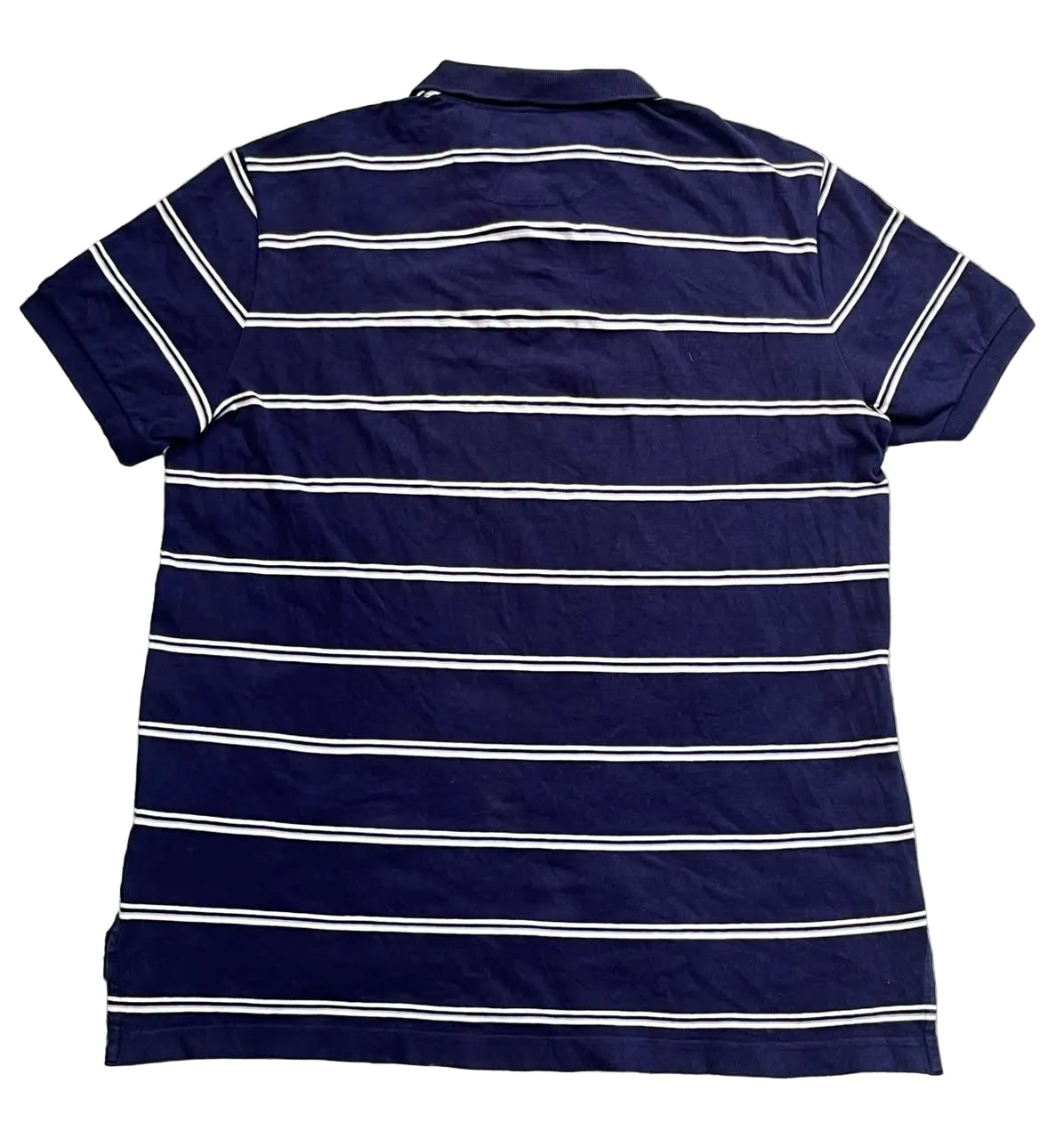 A navy blue short-sleeve polo shirt with thin white horizontal stripes, 