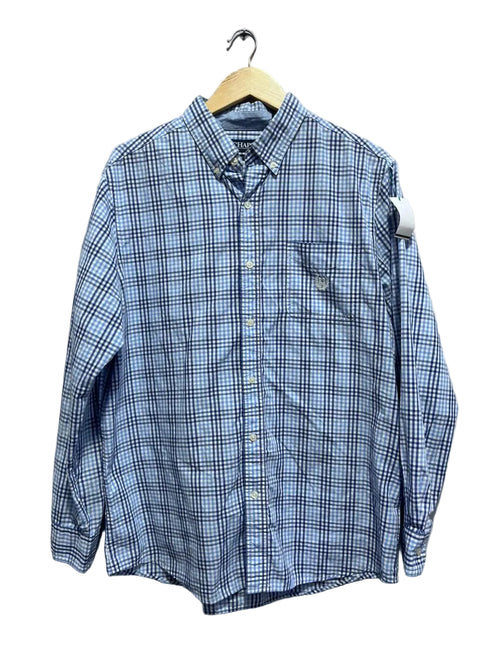 CHAPS Blue plaid shirt on a hanger against a white gray wall