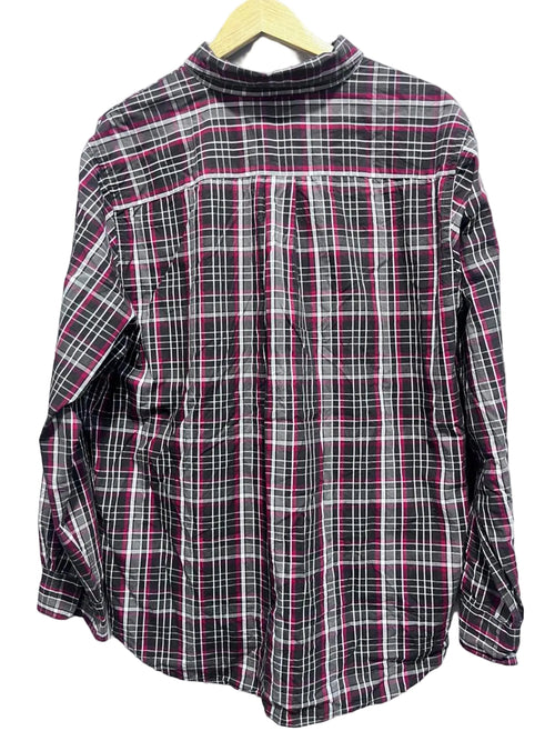 Chaps men plaid shirt on a hanger against a white wall