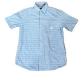 A light blue and white gingham short-sleeve button-down shirt . The shirt features a classic collar, white buttons, and a small embroidered logo on the left chest pocket.