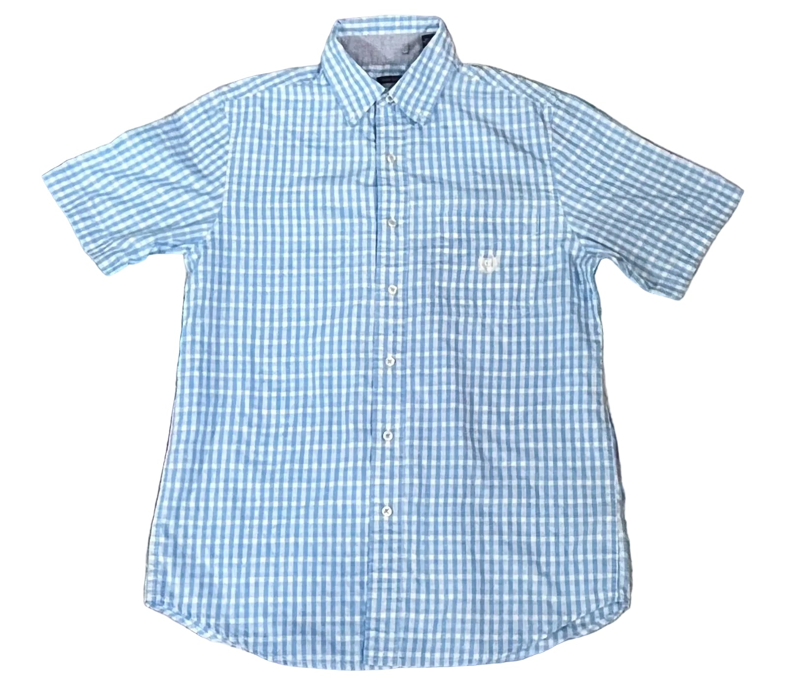 A light blue and white gingham short-sleeve button-down shirt . The shirt features a classic collar, white buttons, and a small embroidered logo on the left chest pocket.