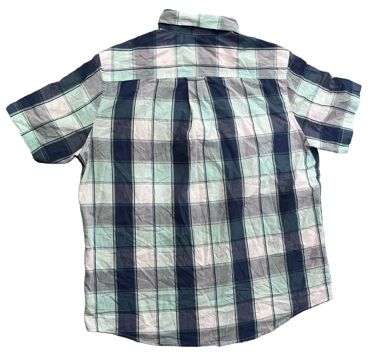 A short-sleeve plaid button-up shirt  The shirt features a pattern of dark navy blue, light mint green, and white plaid stripes.