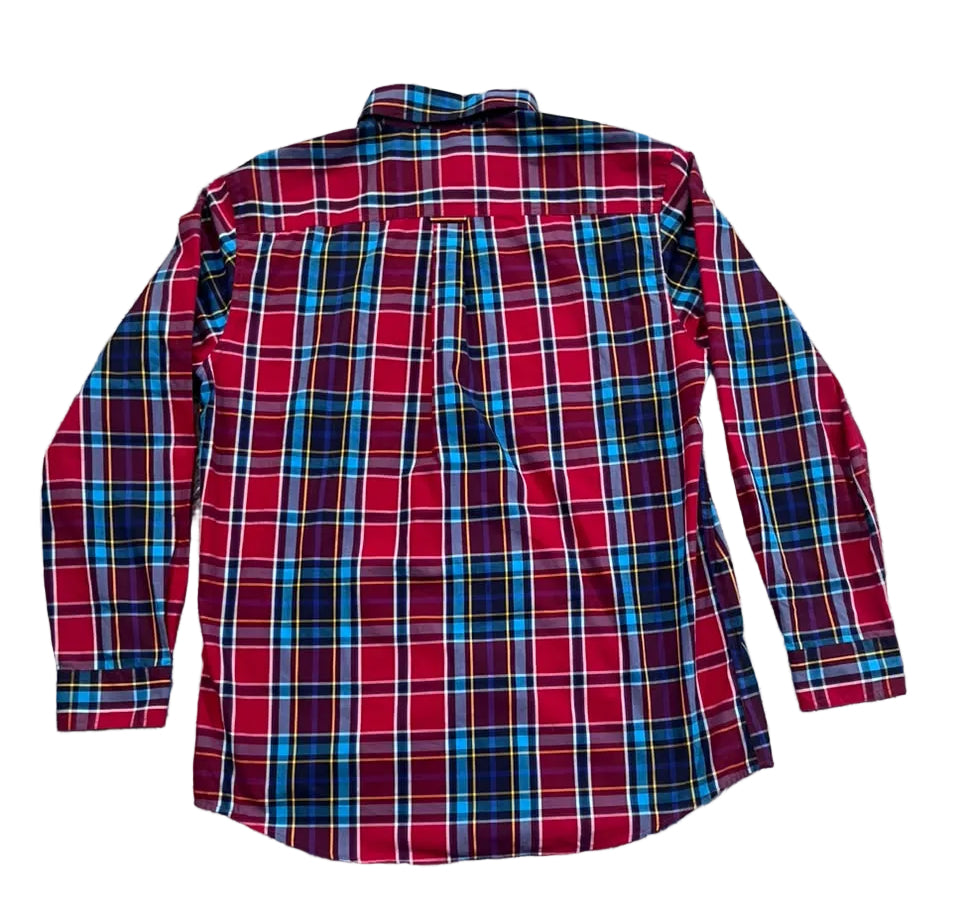 A red, blue, and black plaid long-sleeve button-up shirt with bare feet visible at the bottom edge.