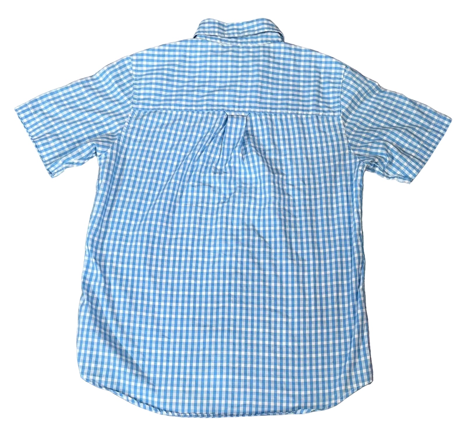 A light blue and white gingham short-sleeve button-up shirt