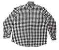 A black and white checkered long-sleeve button-down shirt . The shirt features a small embroidered logo on the left chest pocket and a visible 'GILDAN' brand label inside the collar.
