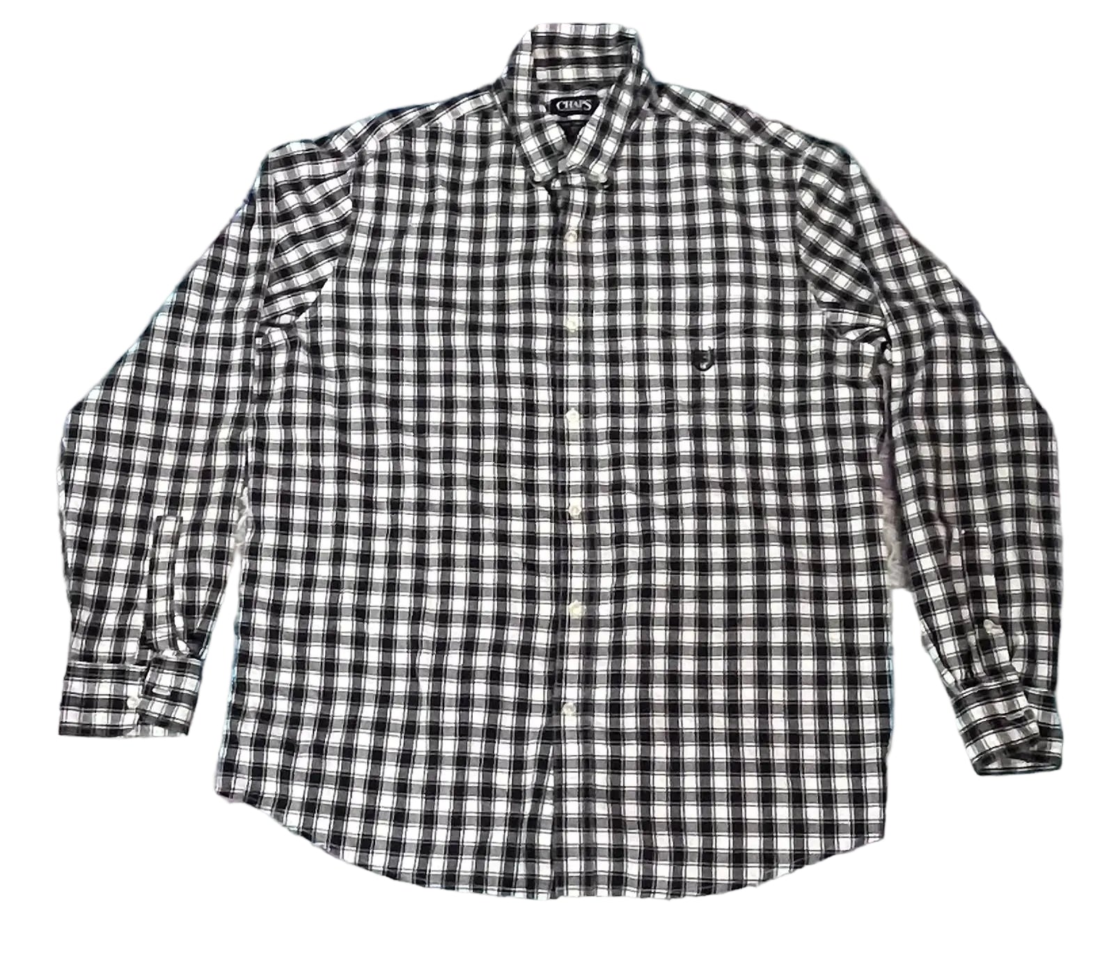 A black and white checkered long-sleeve button-down shirt . The shirt features a small embroidered logo on the left chest pocket and a visible 'GILDAN' brand label inside the collar.