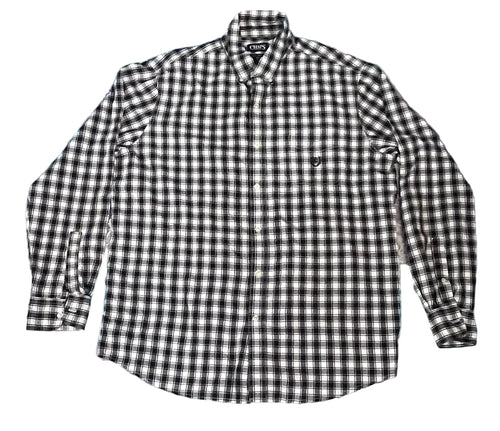 A black and white checkered long-sleeve button-down shirt . The shirt features a small embroidered logo on the left chest pocket and a visible 'GILDAN' brand label inside the collar.