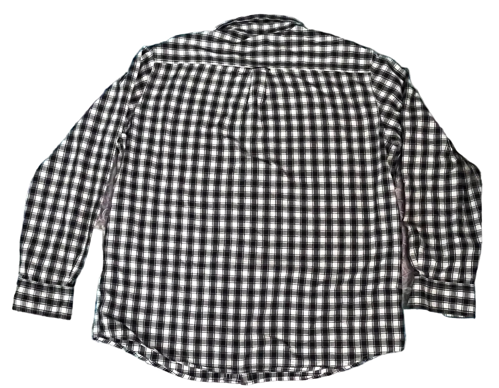 A long-sleeve black and white checkered plaid button-up shirt 