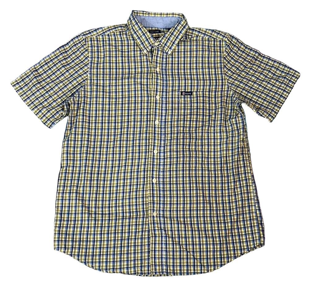 A short-sleeve button-up plaid shirt with a yellow, blue, and white checkered pattern,