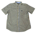 A short-sleeve button-up plaid shirt with a yellow, blue, and white checkered pattern,
