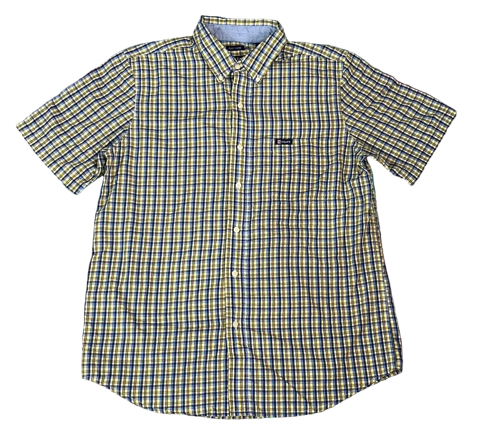 A short-sleeve button-up plaid shirt with a yellow, blue, and white checkered pattern,