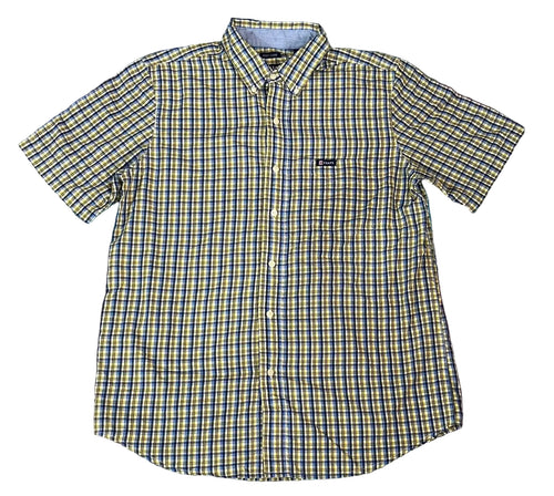 A short-sleeve button-up plaid shirt with a yellow, blue, and white checkered pattern,