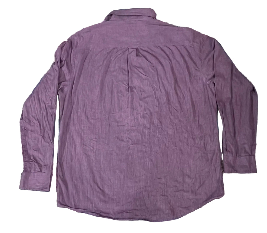 A long-sleeve button-up shirt in a dusty purple or mauve shade, 